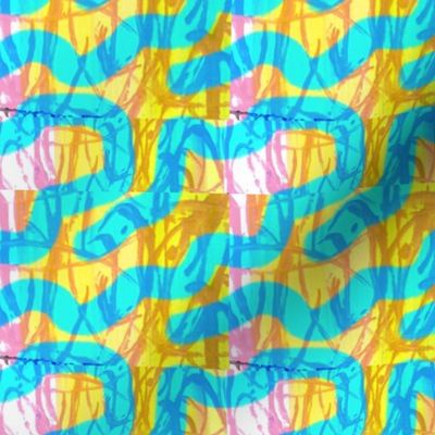 Abstract Acrylic Paint Marks and Swirls in Blue Yellow Pink 