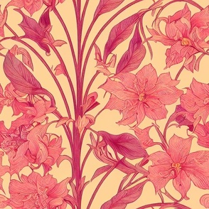 Art Nouveau Wallpaper Coral and Magenta on Goldenrod by kedoki