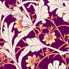 Vintage Light Gold Flowers on White Trellis on Plum Background by kedoki