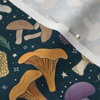 Delicious mushrooms and berries - foraged foods with stars, tossed ditsy on dark teal -mid-large 18 inch W