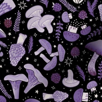 Delicious mushrooms and berries - foraged foods with stars, tossed ditsy - purple on black - large 24 inch W