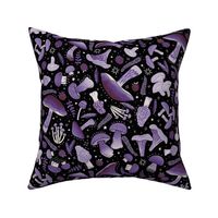 Delicious mushrooms and berries - foraged foods with stars, tossed ditsy - purple on black - large 24 inch W