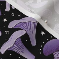 Delicious mushrooms and berries - foraged foods with stars, tossed ditsy - purple on black - large 24 inch W