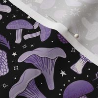 Delicious mushrooms and berries - foraged foods with stars, tossed ditsy - purple on black - mid-large 18 inch W