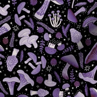 Delicious mushrooms and berries - foraged foods with stars, tossed ditsy - purple on black - mid-large 18 inch W