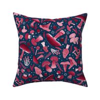 Delicious mushrooms and berries - foraged foods with stars, tossed ditsy - Viva Magenta on prussian blue - large 24 inch W