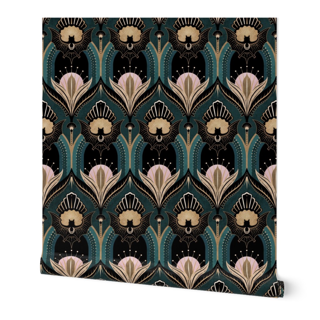 Elegant Art Deco bats and flowers - Teal, gold, black and pink - large