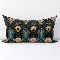 Elegant Art Deco bats and flowers - Teal, gold, black and pink - large