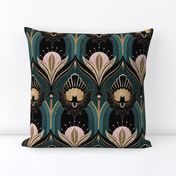 Elegant Art Deco bats and flowers - Teal, gold, black and pink - large