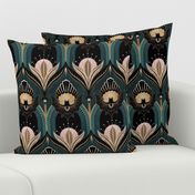 Elegant Art Deco bats and flowers - Teal, gold, black and pink - large