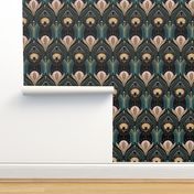 Elegant Art Deco bats and flowers - Teal, gold, black and pink - large