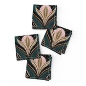 Elegant Art Deco bats and flowers - Teal, gold, black and pink - large
