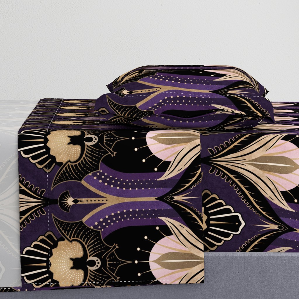 Elegant Art Deco bats and flowers - Royal purple, gold, black and pink - jumbo