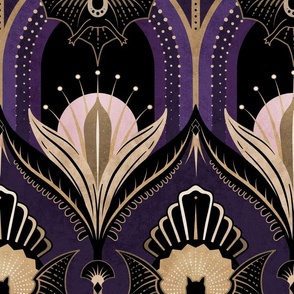 Elegant Art Deco bats and flowers - Royal purple, gold, black and pink - jumbo