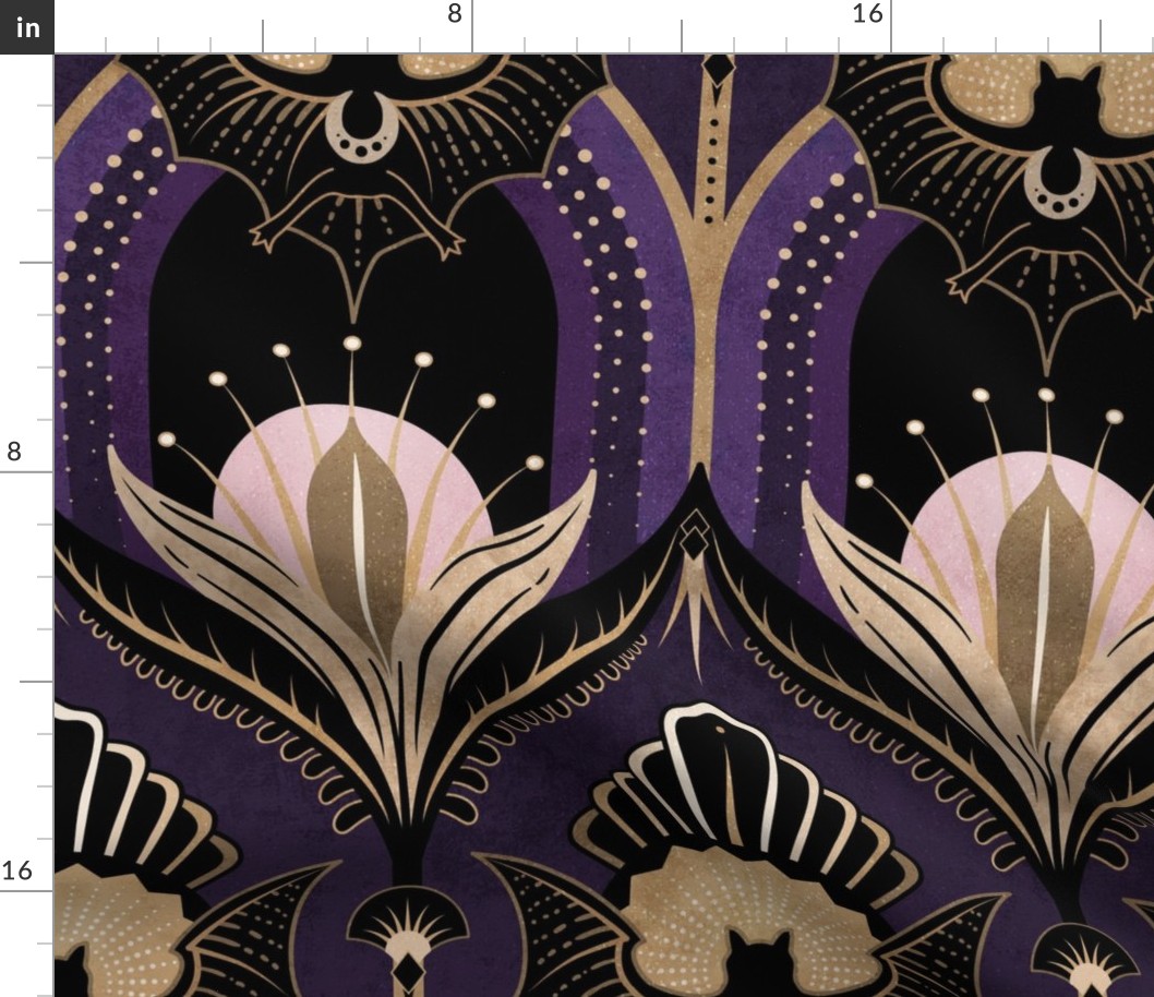 Elegant Art Deco bats and flowers - Royal purple, gold, black and pink - jumbo