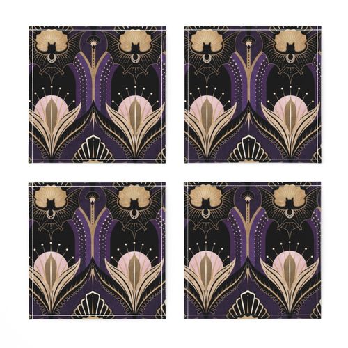 Elegant Art Deco bats and flowers - Royal purple, gold, black and pink - large