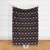 Elegant Art Deco bats and flowers - Royal purple, gold, black and pink - large