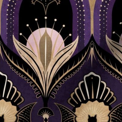Elegant Art Deco bats and flowers - Royal purple, gold, black and pink - large
