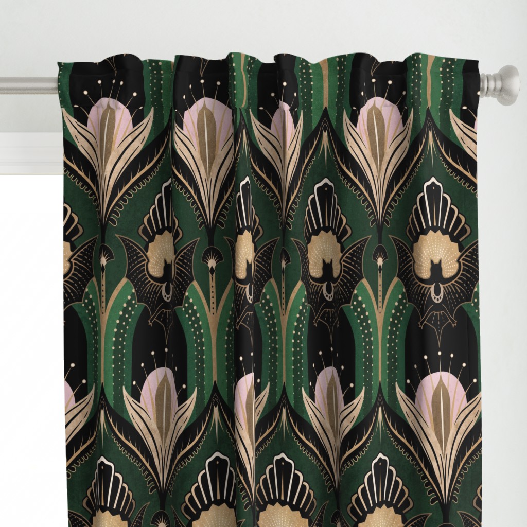 Elegant Art Deco bats and flowers - Emerald green, gold, black and pink - jumbo