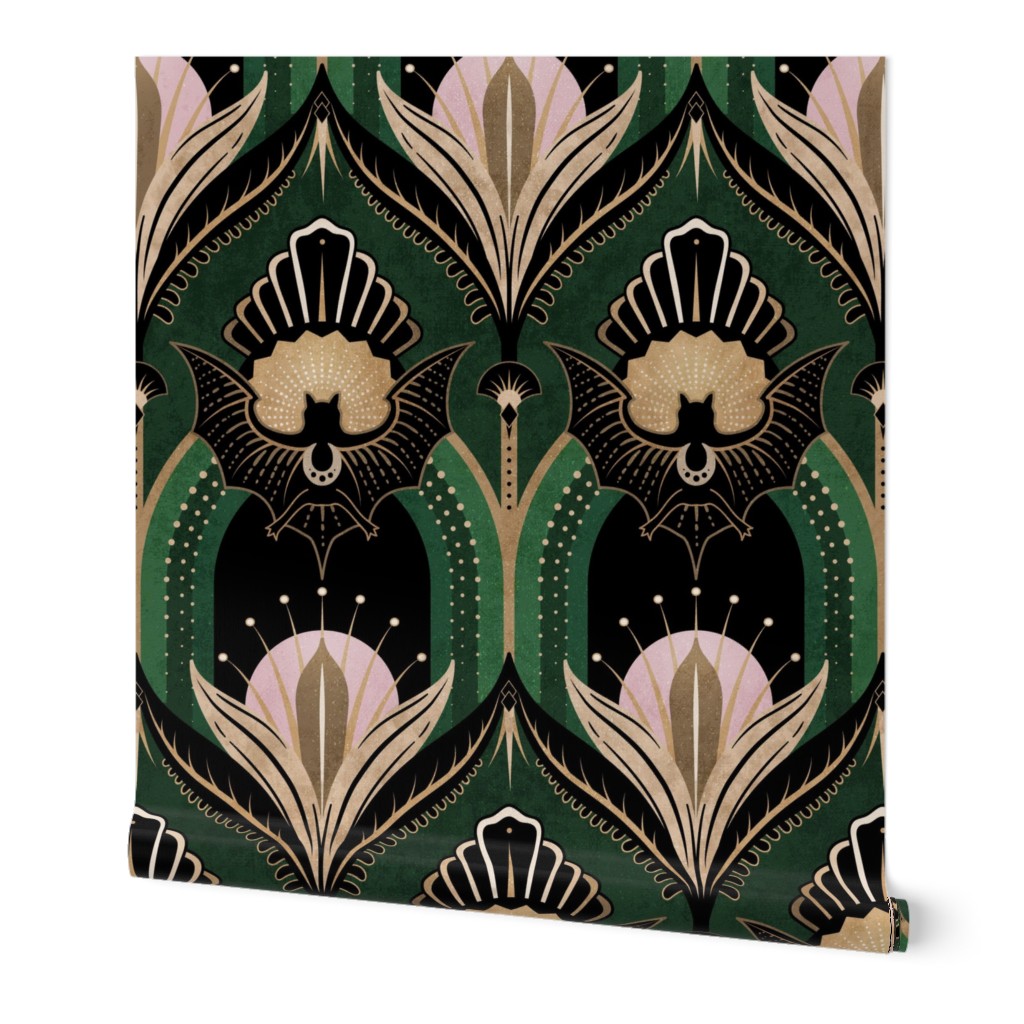 Elegant Art Deco bats and flowers - Emerald green, gold, black and pink - jumbo