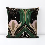 Elegant Art Deco bats and flowers - Emerald green, gold, black and pink - jumbo
