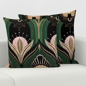 Elegant Art Deco bats and flowers - Emerald green, gold, black and pink - jumbo