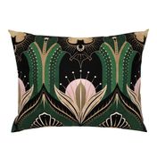 Elegant Art Deco bats and flowers - Emerald green, gold, black and pink - jumbo