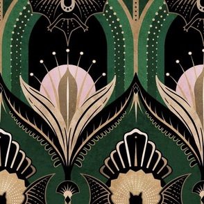 Elegant Art Deco bats and flowers - Emerald green, gold, black and pink - jumbo