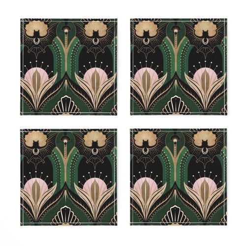 Elegant Art Deco bats and flowers - Emerald green, gold, black and pink - large