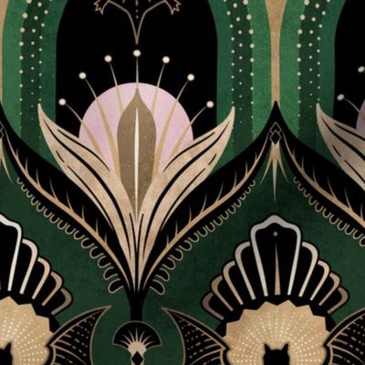 Elegant Art Deco bats and flowers - Emerald green, gold, black and pink - large