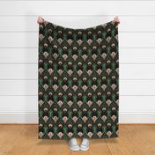 Elegant Art Deco bats and flowers - Emerald green, gold, black and pink - large