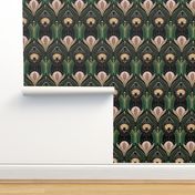 Elegant Art Deco bats and flowers - Emerald green, gold, black and pink - large