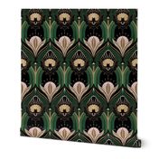 Elegant Art Deco bats and flowers - Emerald green, gold, black and pink - large