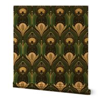 Elegant Art Deco bats and flowers - Emerald green, gold, black and pink - large