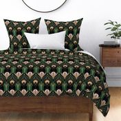 Elegant Art Deco bats and flowers - Emerald green, gold, black and pink - large