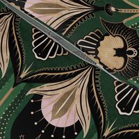 Elegant Art Deco bats and flowers - Emerald green, gold, black and pink - large