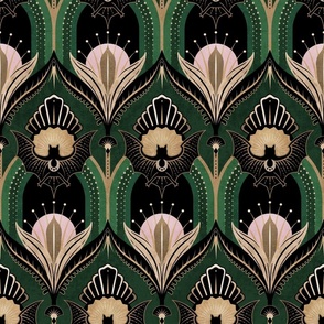 Elegant Art Deco bats and flowers - Emerald green, gold, black and pink - large