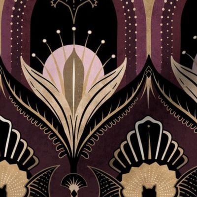 Elegant Art Deco bats and flowers - Burgundy, gold, black and pink - large