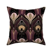 Elegant Art Deco bats and flowers - Burgundy, gold, black and pink - large
