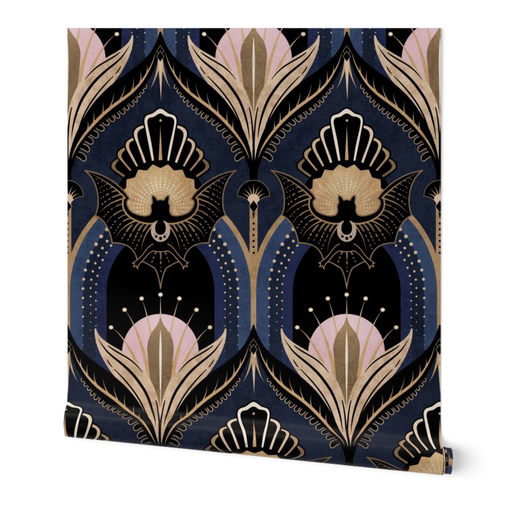 Elegant Art Deco bats and flowers - Navy blue, gold, black and pink - jumbo