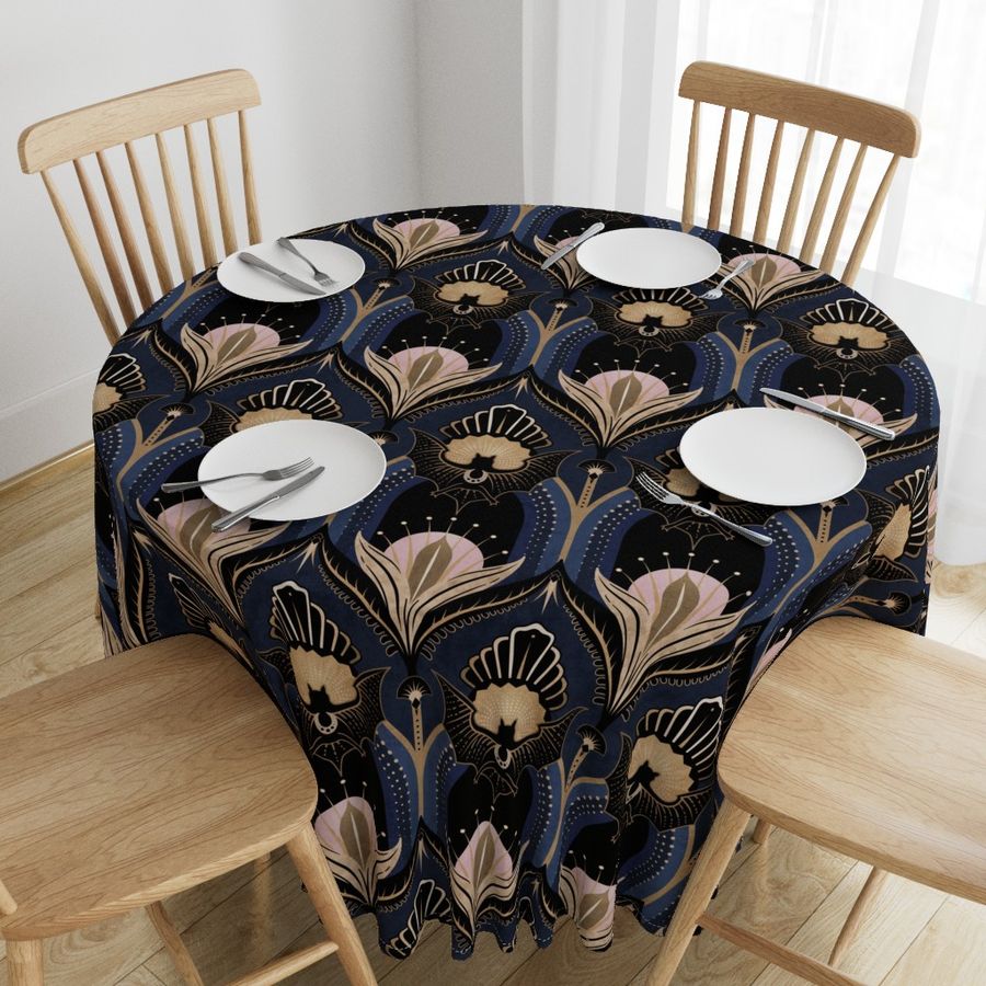 Elegant Art Deco bats and flowers - Navy blue, gold, black and pink - jumbo