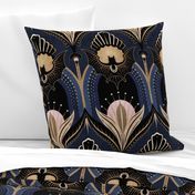 Elegant Art Deco bats and flowers - Navy blue, gold, black and pink - jumbo