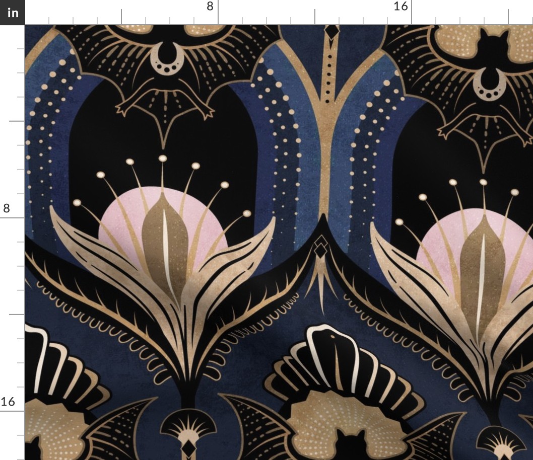 Elegant Art Deco bats and flowers - Navy blue, gold, black and pink - jumbo
