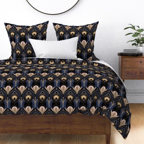 Elegant Art Deco bats and flowers - Navy blue, gold, black and pink - large