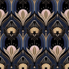 Elegant Art Deco bats and flowers - Navy blue, gold, black and pink - large
