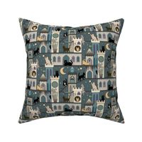 Realm of the cats, night - cat castle, climbing tree, moon and flowers - teal, blue-grey - small