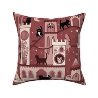 Realm of the cats, night - cat castle, climbing tree, moon and flowers - burnt russet, warm red, marsala  - extra large 28inch