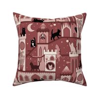 Realm of the cats, night - cat castle, climbing tree, moon and flowers - burnt russet, warm red, marsala  - large