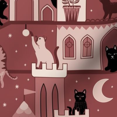 Realm of the cats, night - cat castle, climbing tree, moon and flowers - burnt russet, warm red, marsala  - large