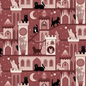 Realm of the cats, night - cat castle, climbing tree, moon and flowers - burnt russet, warm red, marsala  - large